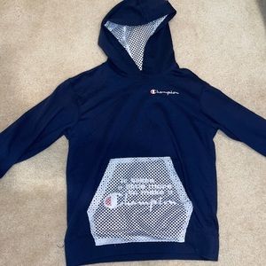 Champion navy blue and white reverse weave sweatshirt with white mesh